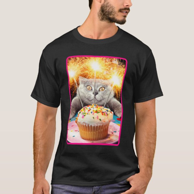 Cat With Sparkler Cupcake T-Shirt (Front)