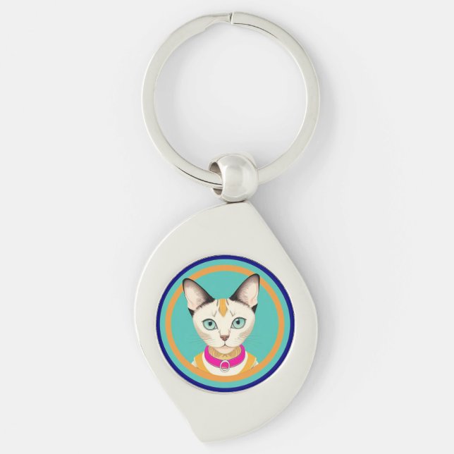 Cat With Striking Eyes by Circular Mirror Key Ring (Front)