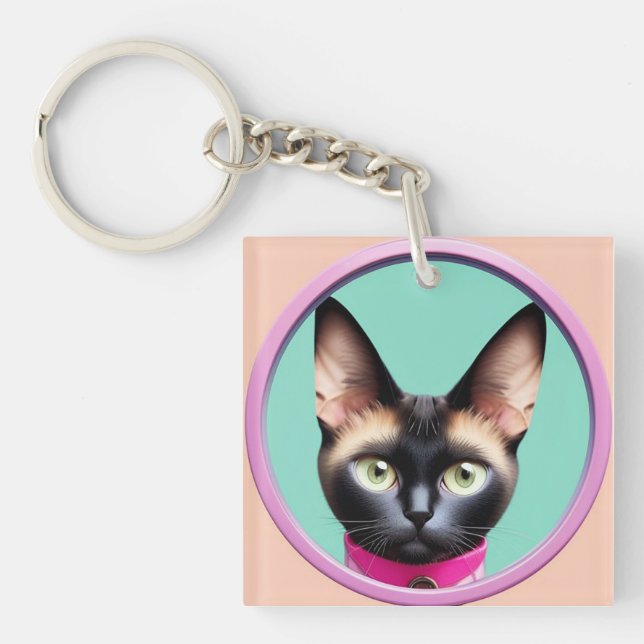 Cat With Striking Eyes by Circular Mirror Key Ring (Front)