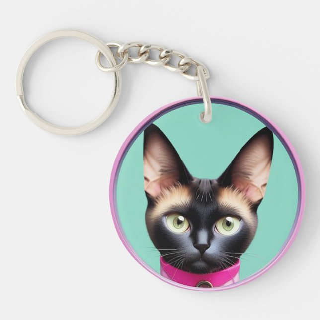 Cat With Striking Eyes by Circular Mirror Key Ring (Front)