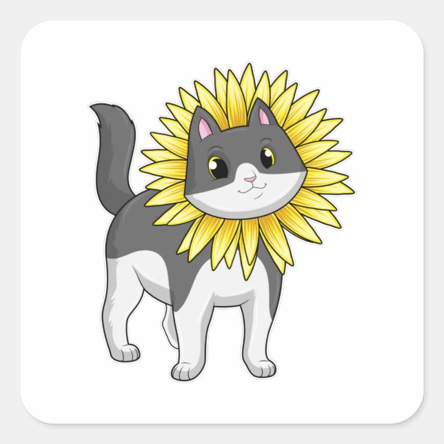 Cat with Sunflower Square Sticker (Front)