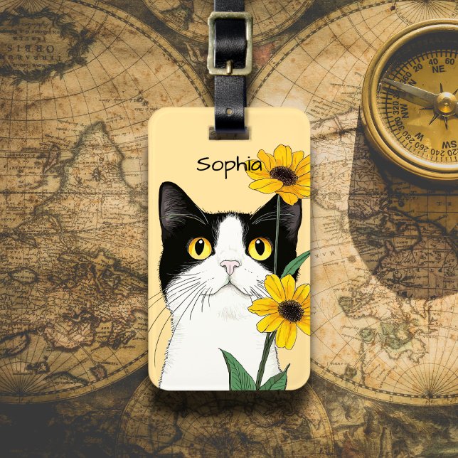 Cat with Sunflowers Luggage Tag (Creator Uploaded)