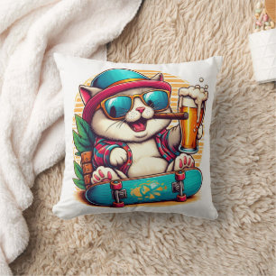 Cat with sunglasses celebrating on a skateboard cushion