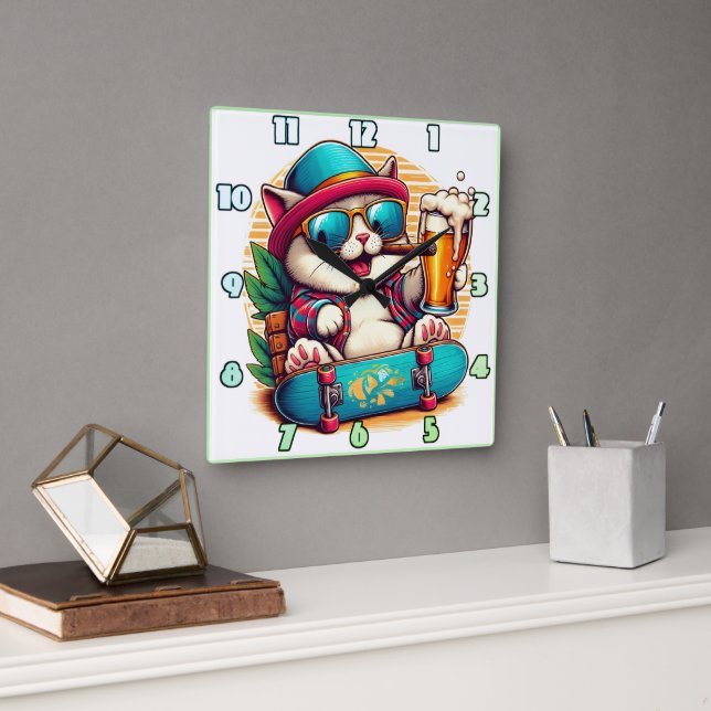 Cat with sunglasses celebrating on a skateboard square wall clock (Office)