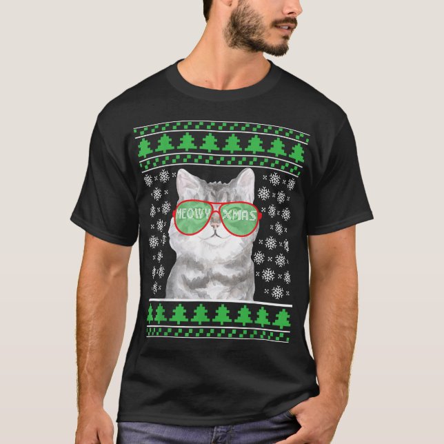 Cat With Sunglasses Meowy Ugly Christmas Sweater (Front)