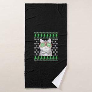 Cat with Sunglasses Meowy Ugly Christmas Sweater Bath Towel