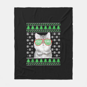 Cat with Sunglasses Meowy Ugly Christmas Sweater  Fleece Blanket