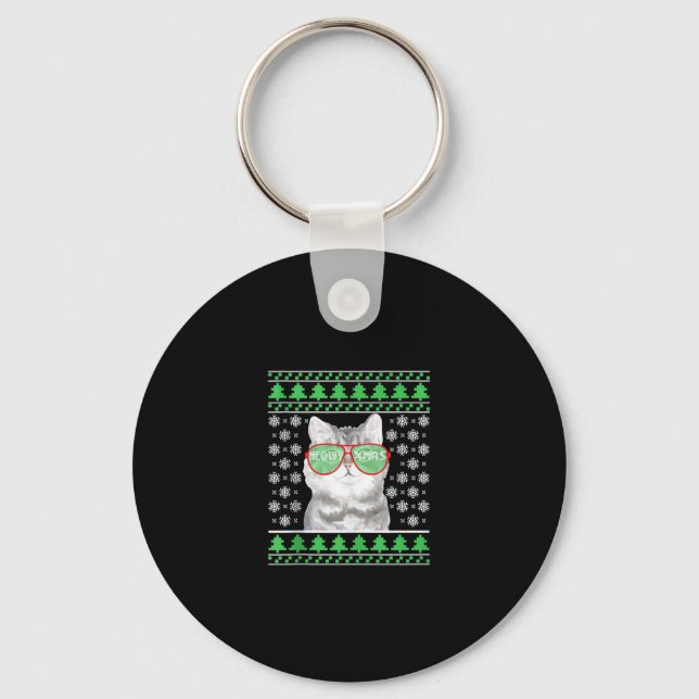 Cat with Sunglasses Meowy Ugly Christmas Sweater  Key Ring (Front)