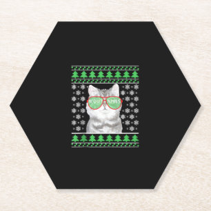 Cat with Sunglasses Meowy Ugly Christmas Sweater Paper Coaster