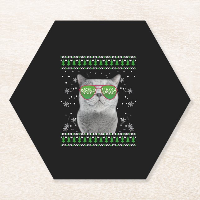 Cat with Sunglasses Meowy Ugly Christmas Sweater  Paper Coaster (Front)