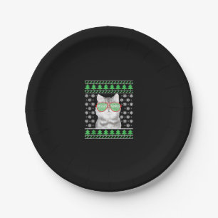 Cat with Sunglasses Meowy Ugly Christmas Sweater Paper Plate