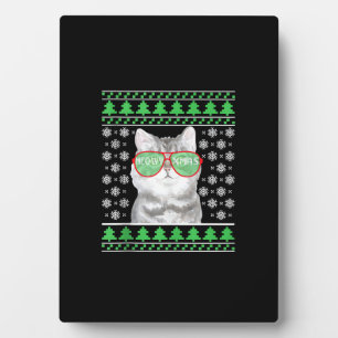 Cat with Sunglasses Meowy Ugly Christmas Sweater  Plaque