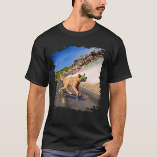 Cat with sunglasses on skateboard on the beach T-Shirt