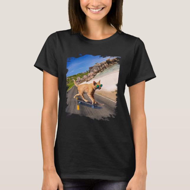 Cat with sunglasses on skateboard on the beach T-Shirt (Front)