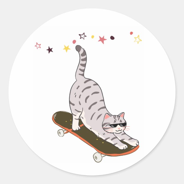 Cat with the Board Classic Round Sticker (Front)