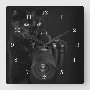 Cat with the camera square wall clock
