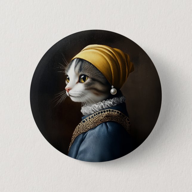 Cat with the Pearl Earring 6 Cm Round Badge (Front)