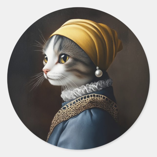 Cat with the Pearl Earring Classic Round Sticker (Front)