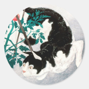 Cat with Tomato Plant (1931) by Hiroaki Takahashi Classic Round Sticker
