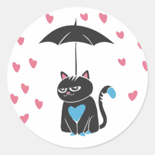 Cat with umbrella on head - Choose back colour Classic Round Sticker