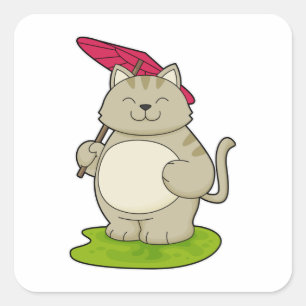 Cat with  Umbrella Square Sticker