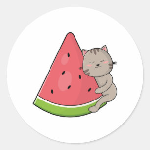 Cat with Watermelon Classic Round Sticker
