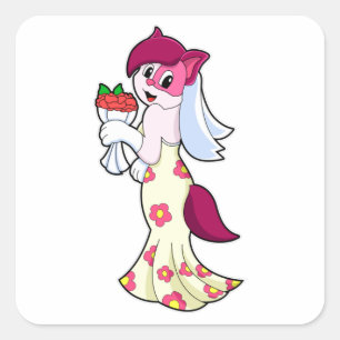 Cat with Wedding dress & Bunch of Flower Square Sticker