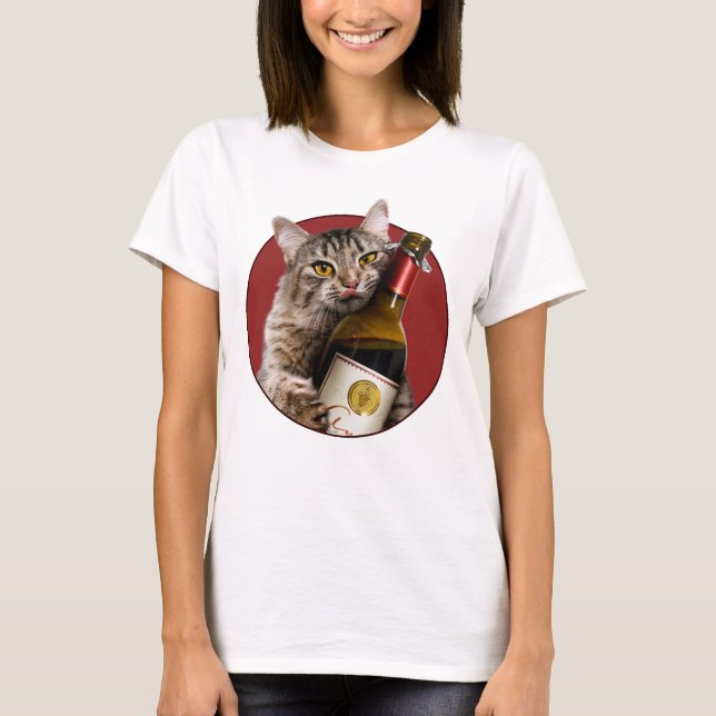 Cat With Wine Bottle T-Shirt (Front)
