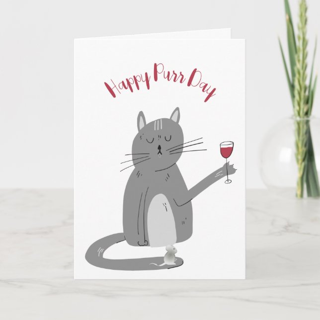 Cat with Wine Glass Birthday  Card (Front)