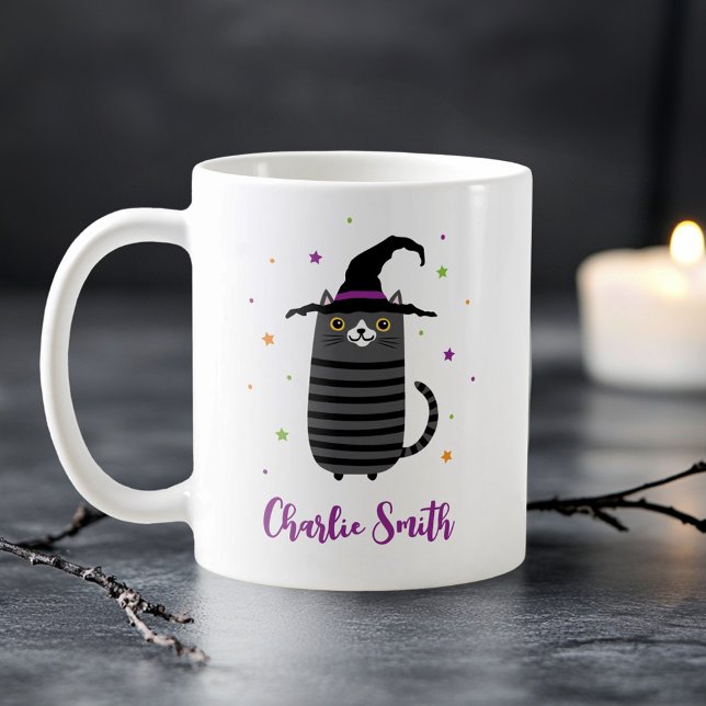 Cat with witch hat and name cute Halloween Coffee Mug (Cat with witch hat and name cute Halloween Coffee Mug)