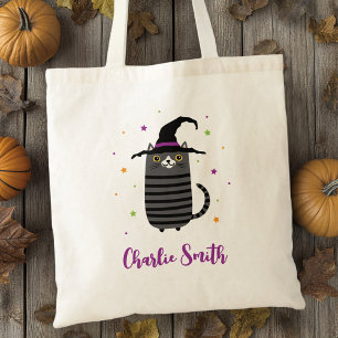 Cat with witch hat and name cute Halloween Tote Bag