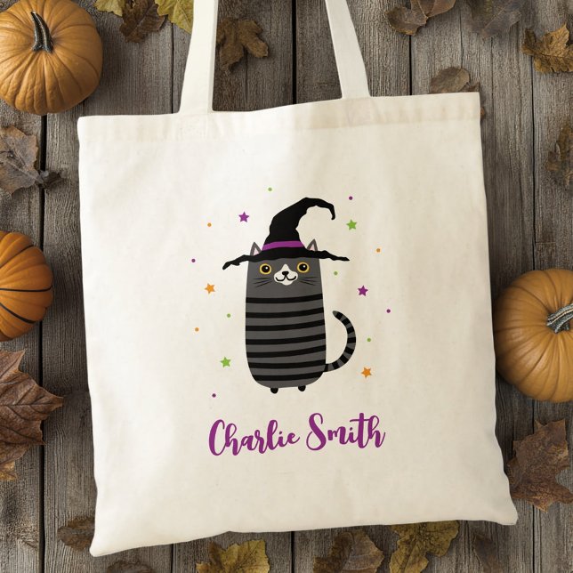Cat with witch hat and name cute Halloween Tote Bag (Cat with witch hat and name cute Halloween Tote Bag)