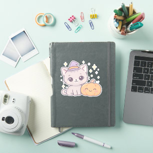 Cat with Witch Hat and Smiling Pumpkin Cute Spooky