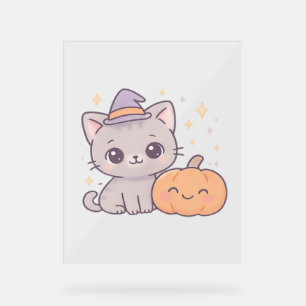 Cat with Witch Hat and Smiling Pumpkin Cute Spooky Acrylic Sign