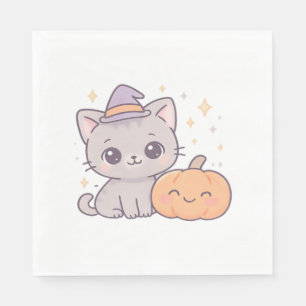 Cat with Witch Hat and Smiling Pumpkin Cute Spooky Napkin
