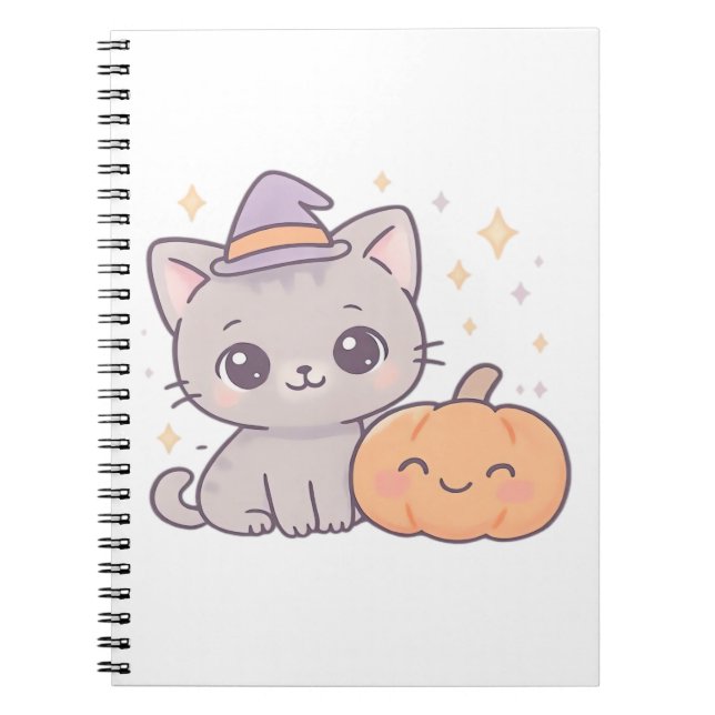 Cat with Witch Hat and Smiling Pumpkin Cute Spooky Notebook (Front)