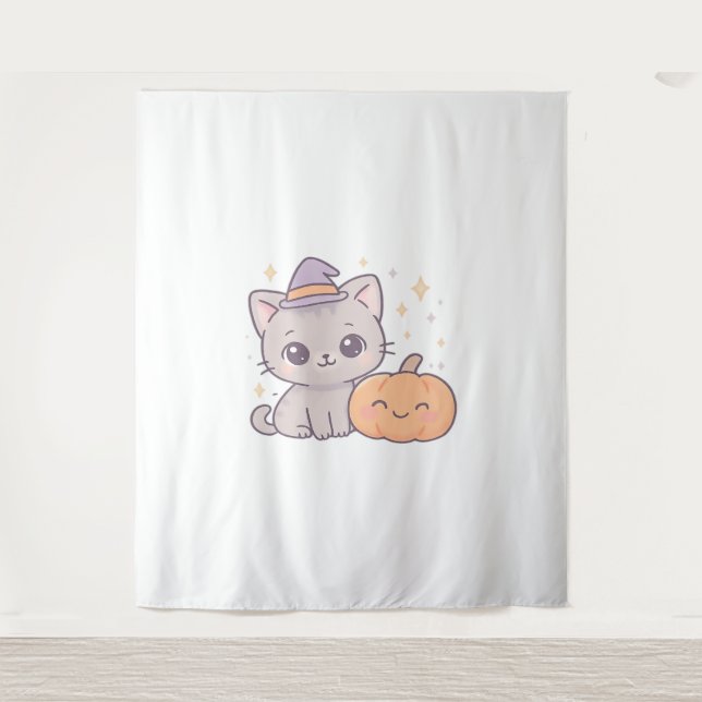 Cat with Witch Hat and Smiling Pumpkin Cute Spooky Tapestry (Front)