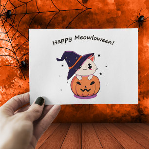 Cat with witch hat in Halloween Jack-O-Lantern Postcard