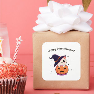 Cat with witch hat in Halloween Jack-O-Lantern  Square Sticker