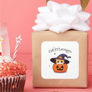 Cat with witch hat in Halloween Jack-O-Lantern  Square Sticker