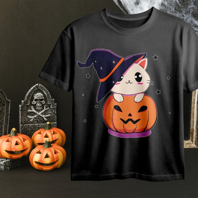 Cat with witch hat in Halloween Jack-O-Lantern  T-Shirt (Creator Uploaded)