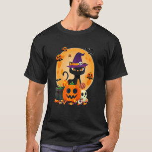 Cat With Witch Hat Pumpkin Bat Moon Cat Halloween T-Shirt