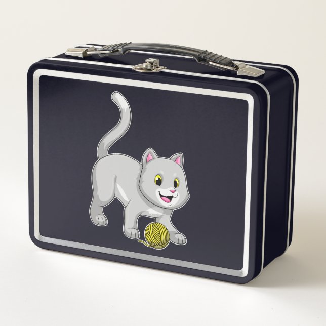 Cat with Wool yarn ball Metal Lunch Box (Front)
