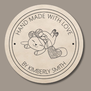 Cat with Yarn Hand Made with Love Monogram Classic Round Sticker