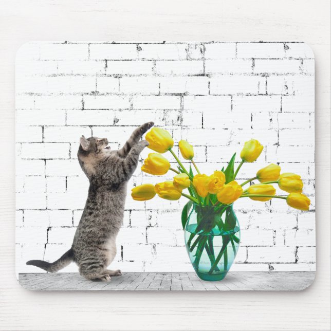 Cat with Yellow Tulip Bouquet Mousepad (Front)