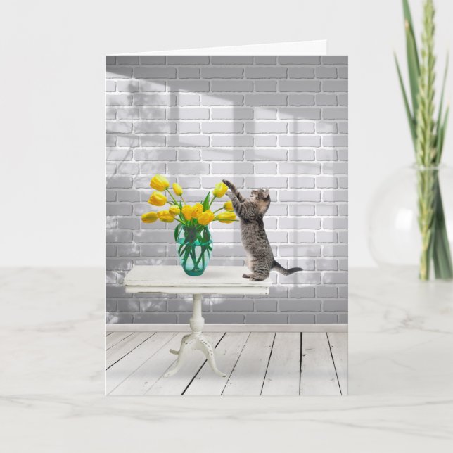 Cat with Yellow Tulips Mother's Day Card (Front)