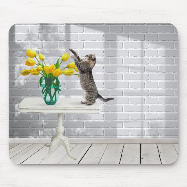 Cat with Yellow Tulips Mouse Pad (Front)