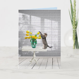Cat with Yellow Tulips Name Day Card