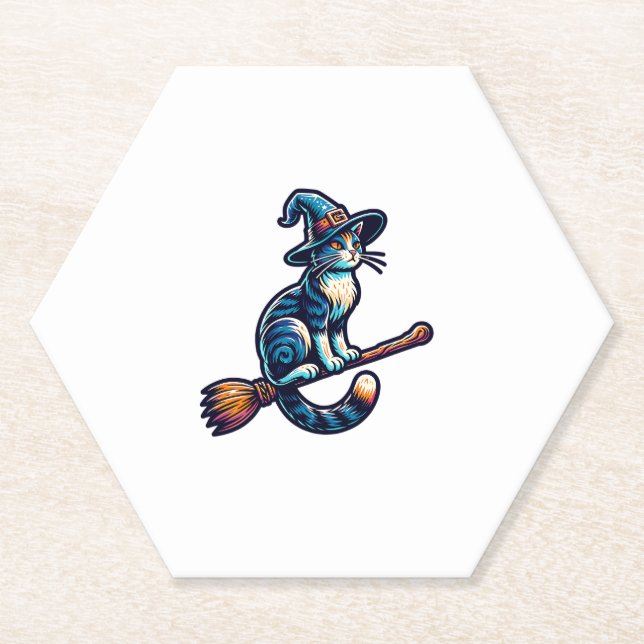 Cat Wizard Halloween Witch Mystical Cat Lovers Hal Paper Coaster (Front)