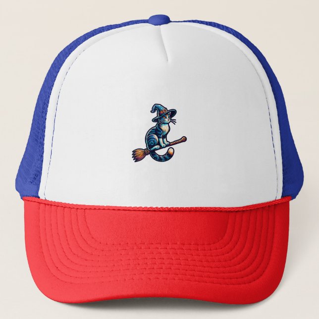 Cat Wizard Halloween Witch Mystical Cat Lovers Hal Trucker Hat (Front)